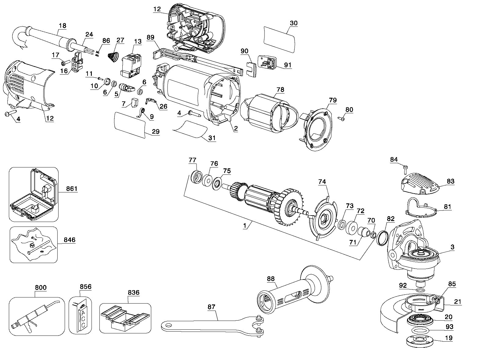 Default Diagram and Parts List for D28110K Type 1 DeWALT Angle Grinder