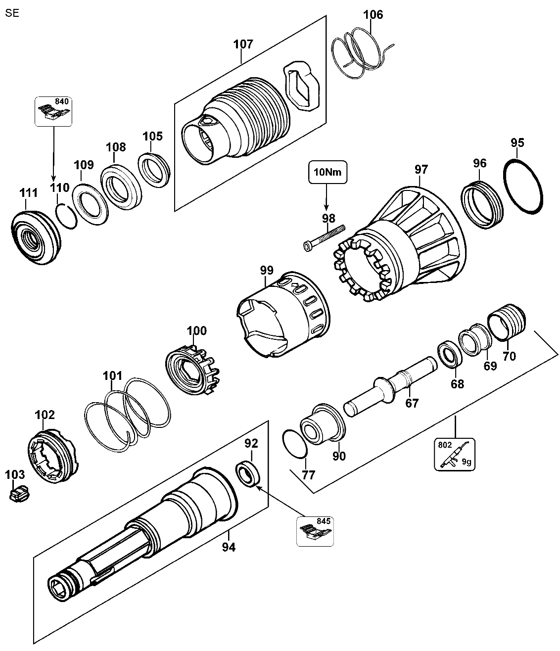 Default 2 Diagram and Parts List for D25941K-AR Type 1 DeWALT Hammer