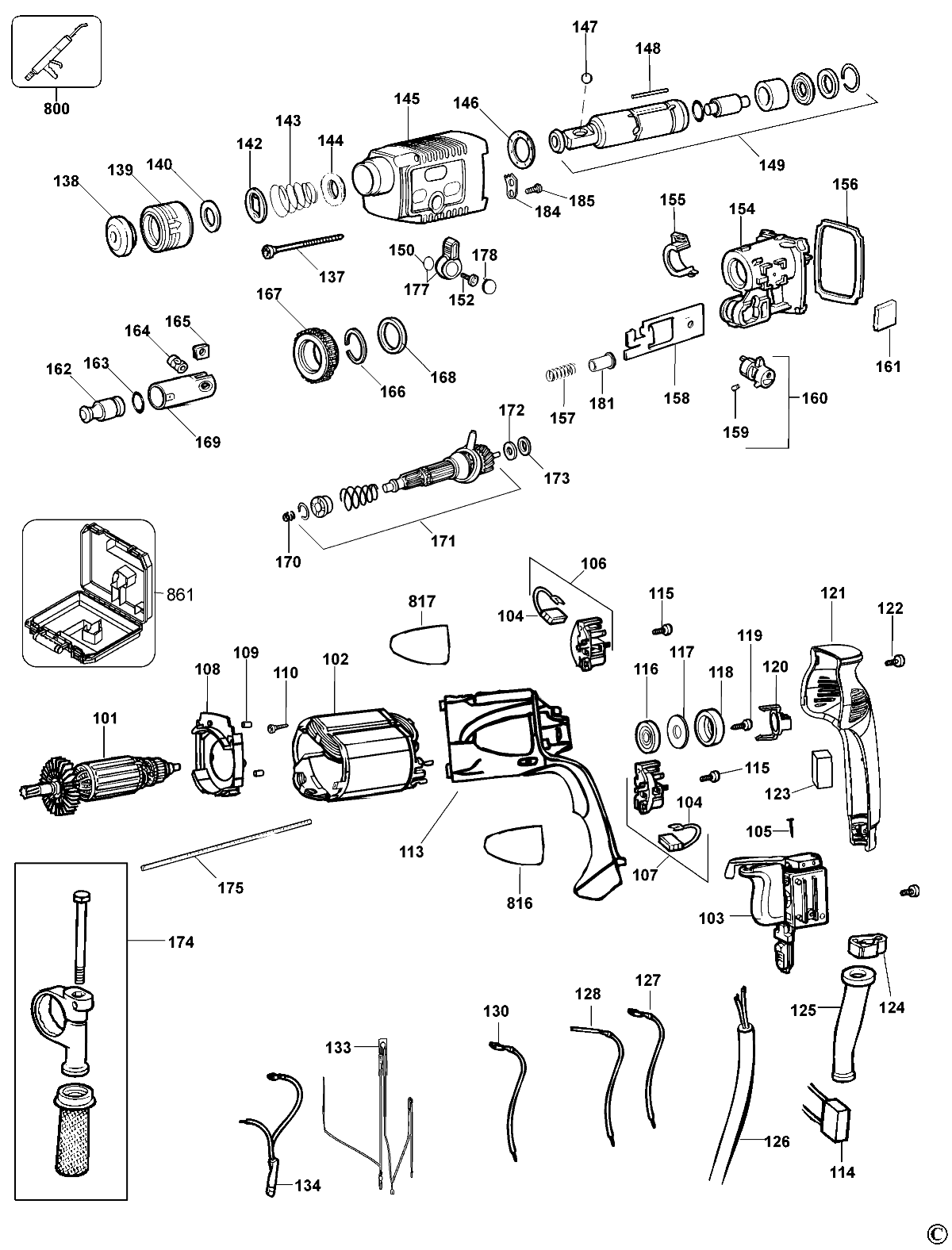 Default Diagram and Parts List for D25003K-BR Type 1 DeWALT Hammer