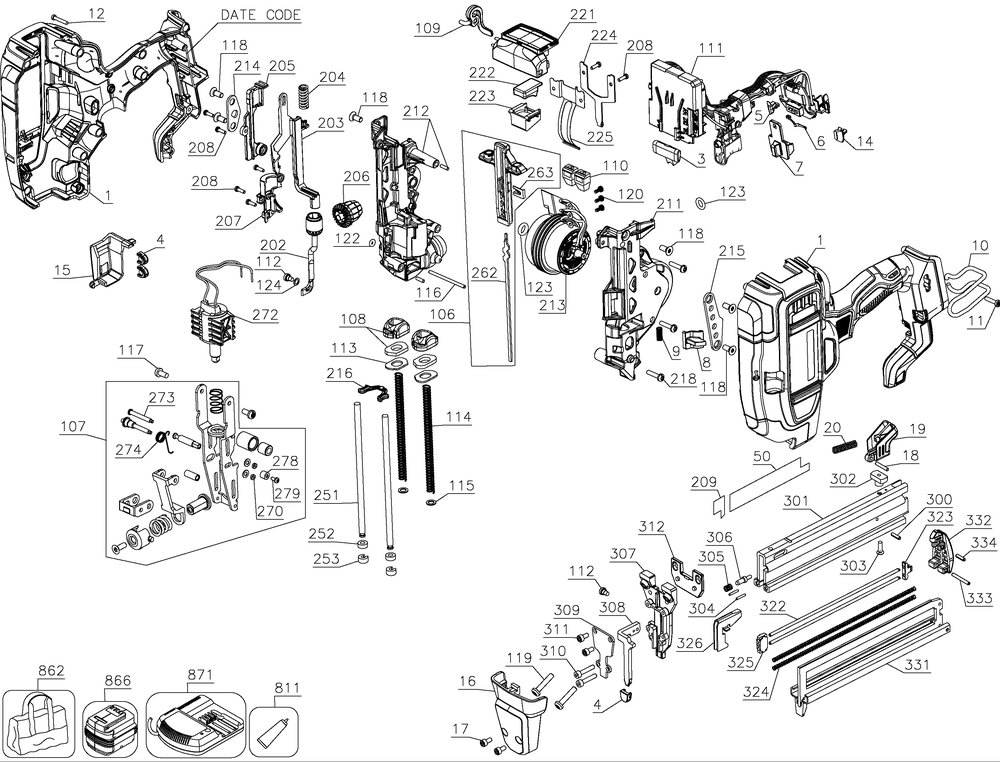 Diagram Diagram and Parts List for DCN681D1R Type 1 DeWALT Nailer