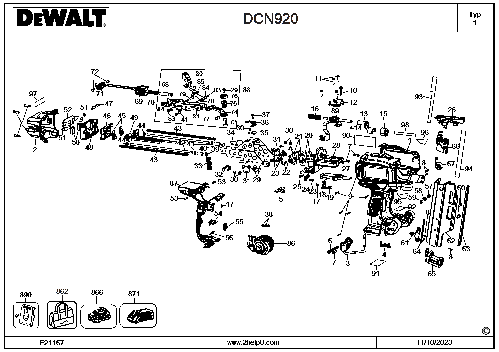 Section 1 Diagram and Parts List for DCN920P1 Type 1 DeWALT Nailer