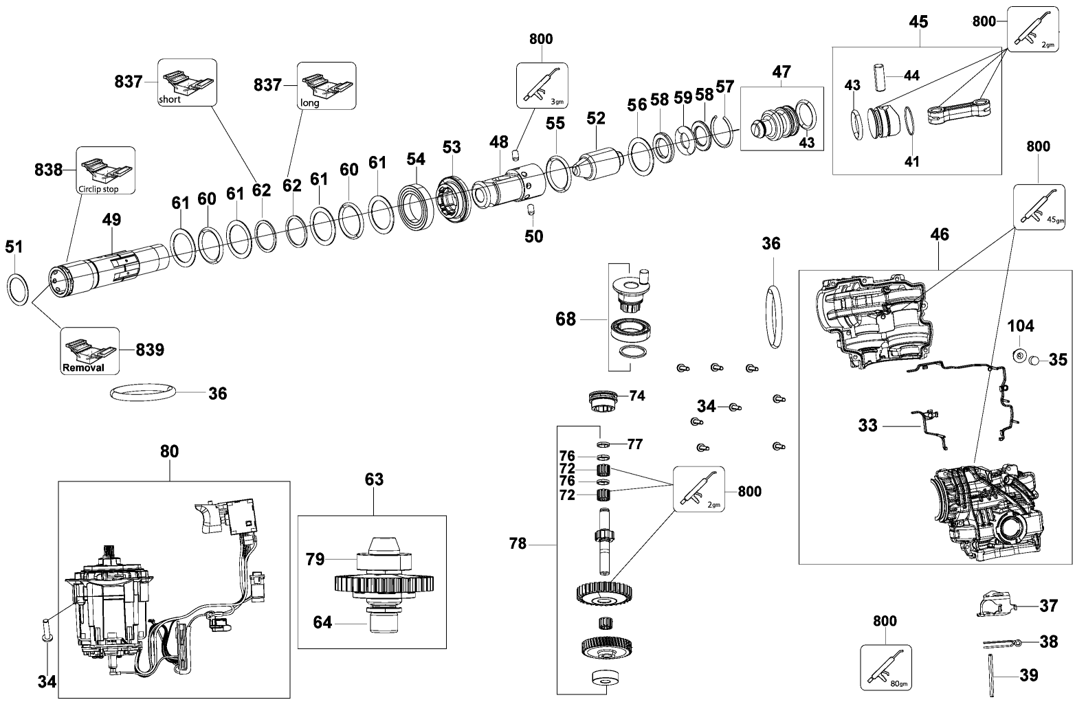 Gear Box Assembly Diagram and Parts List for DCH293B Type 1 DeWALT Hammer Drill
