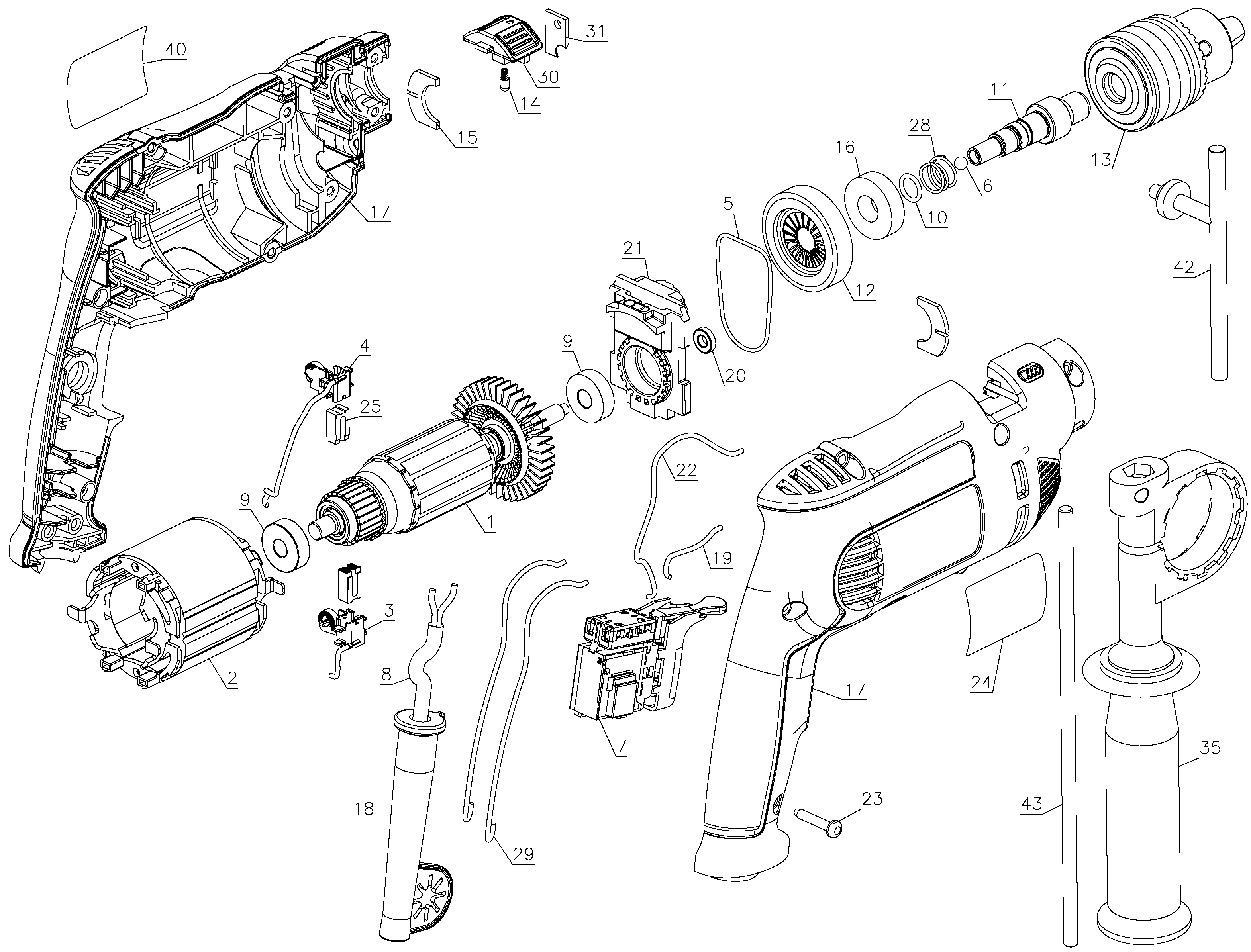Default Diagram and Parts List for DWD502-AR Type 1 DeWALT Boring Machine
