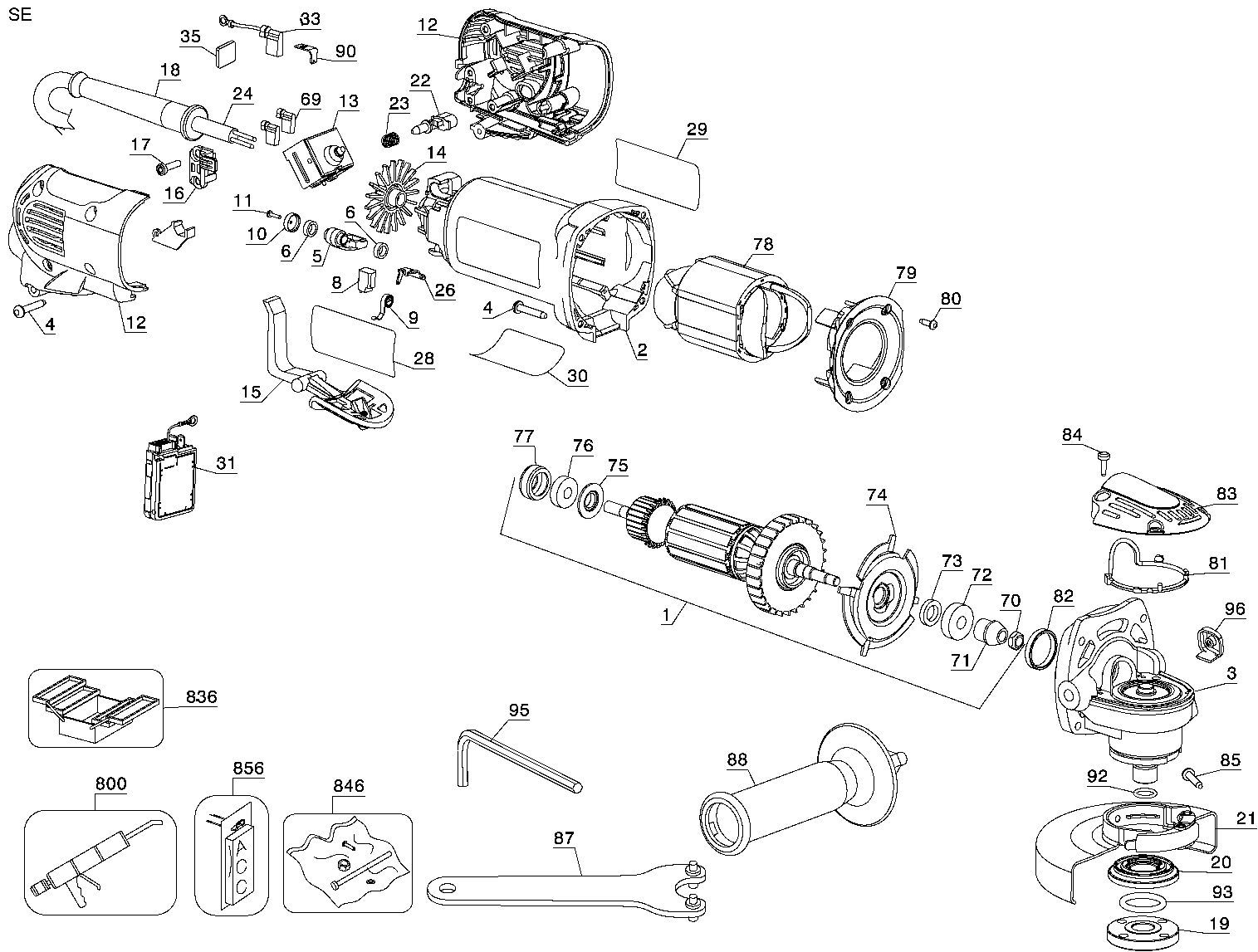 Default Diagram and Parts List for D28114-B2 Type 1 DeWALT Grinder