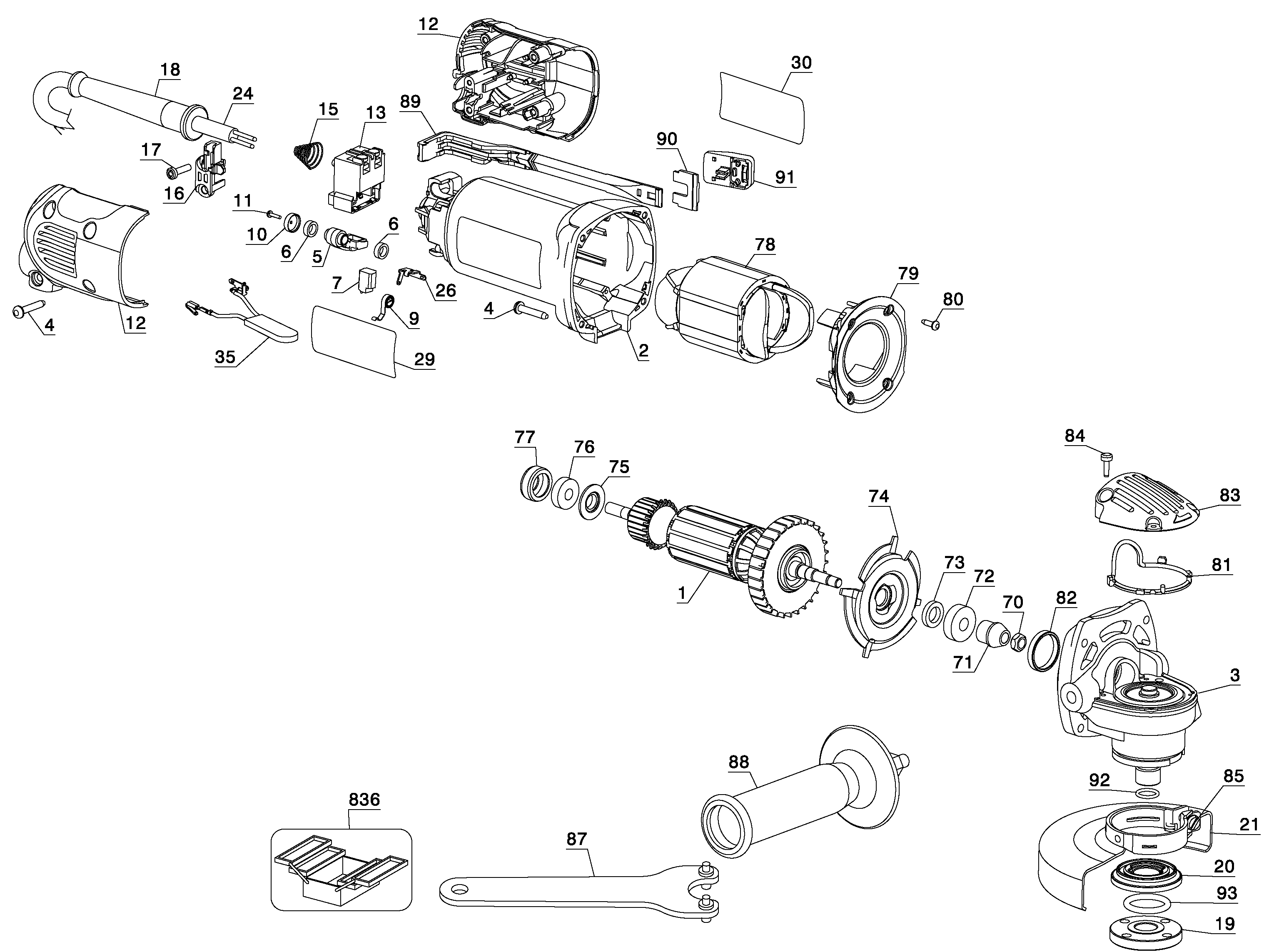 Default Diagram and Parts List for D28111K-B2C Type 3 DeWALT Grinder