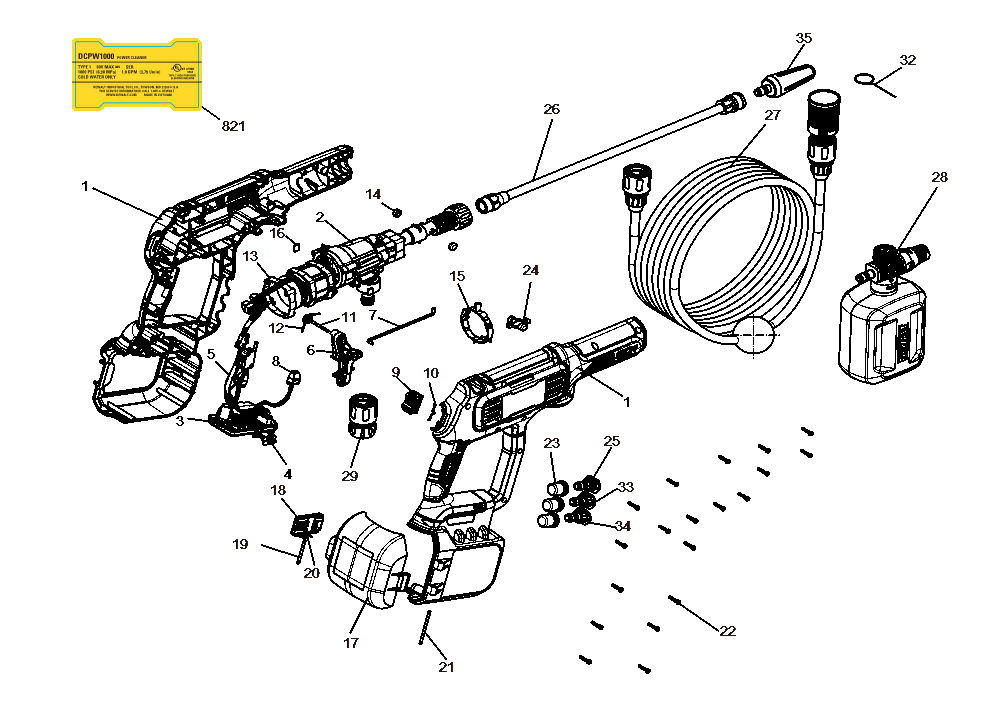Diagram Diagram and Parts List for DCPW1000B Type 1 DeWALT Pressure Washer