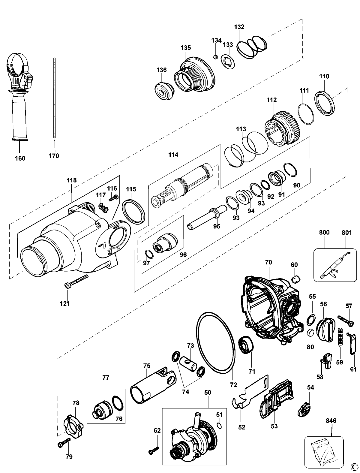 Default 2 Diagram and Parts List for D25303KB2 Type 2 DeWALT Hammer