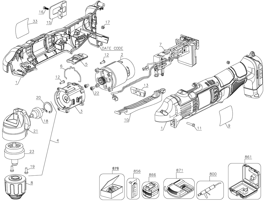 Section 1 Diagram and Parts List for DCD740BR Type 1 DeWALT Drill