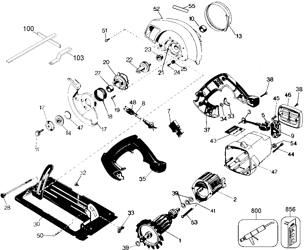 Default Diagram and Parts List for B7358 Type 1 DeWALT Circular Saw