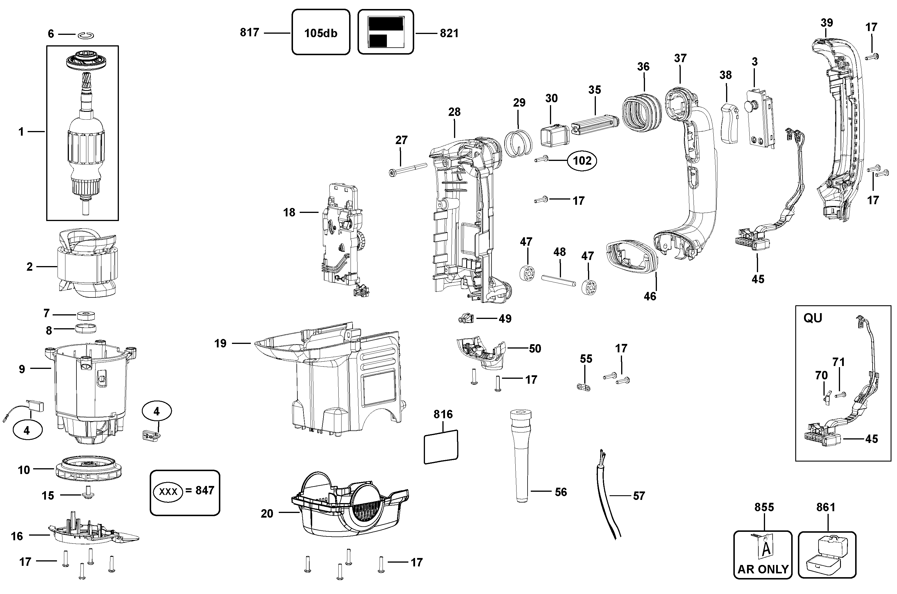 MOTOR Diagram and Parts List for D25891K-AR Type 1 DeWALT Chipper Shredder