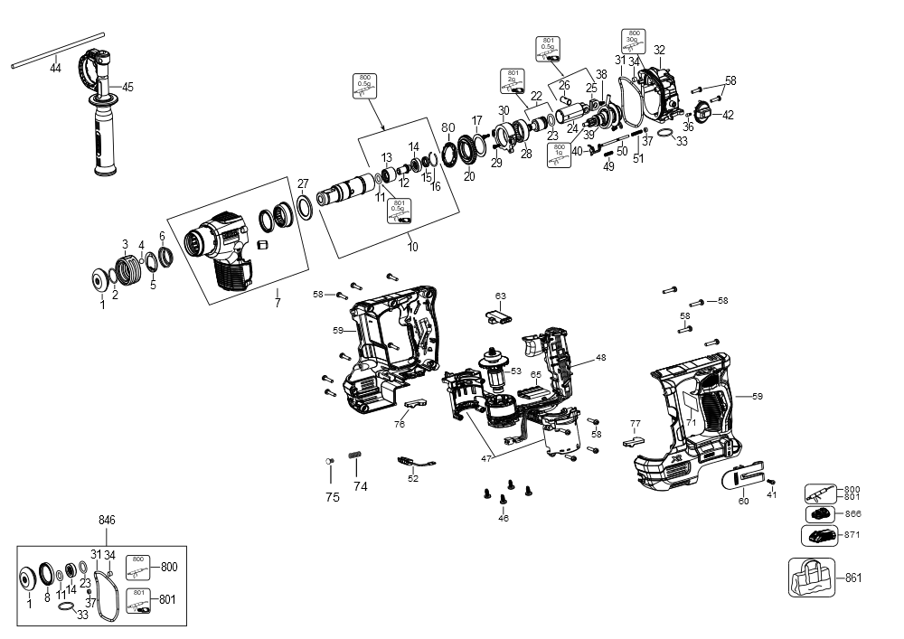 Exploded Diagram B Diagram and Parts List for DCH072G2 Type 1 DeWALT Hammer Drill
