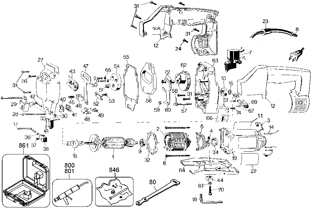 Exploded Diagram A Diagram and Parts List for D318K-04 Type 1 DeWALT Jig Saw