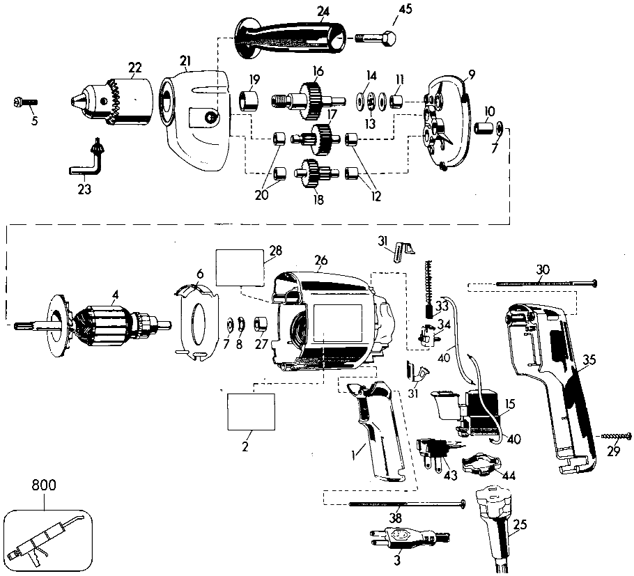 Default Diagram and Parts List for B7254 Type 1 DeWALT Boring Machine