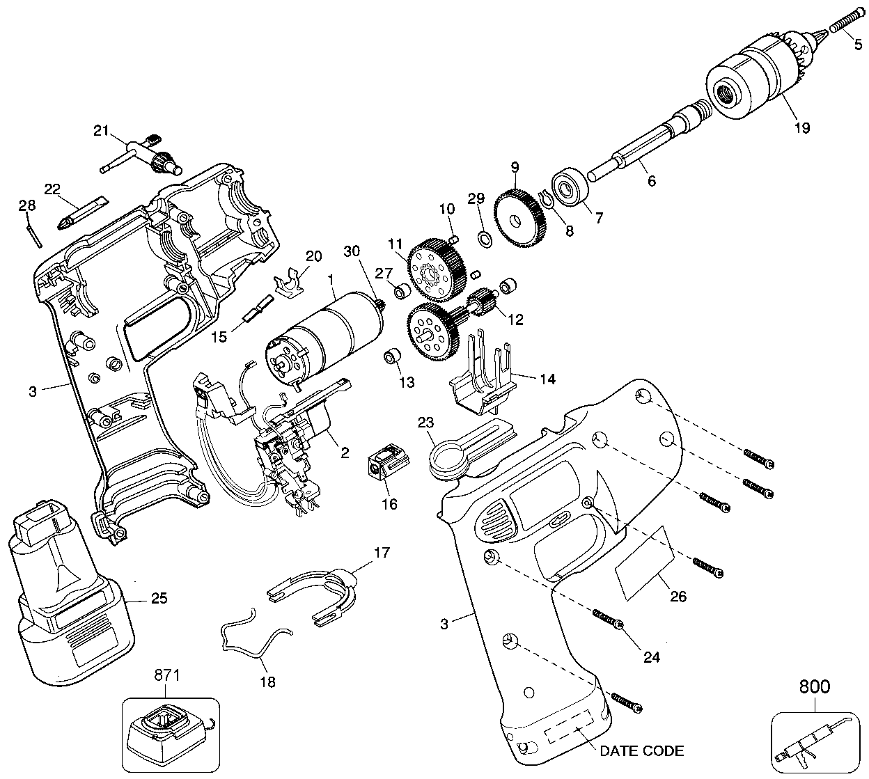 Default Diagram and Parts List for 1922C-36 Type 1 DeWALT Boring Machine