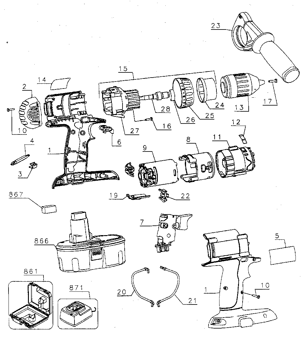 Drill Diagram and Parts List for DC987KATY1  DeWALT Cordless Drill