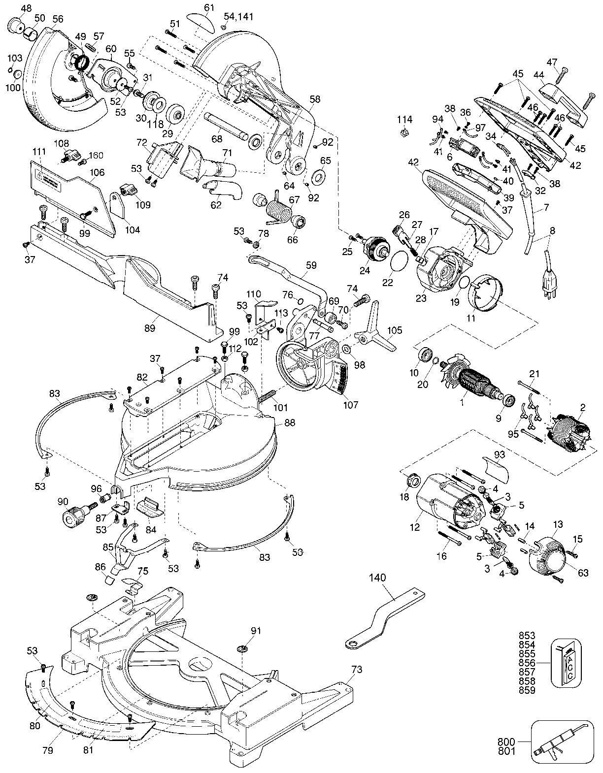 Default Diagram and Parts List for DW705-44 Type 2 DeWALT Miter Saw