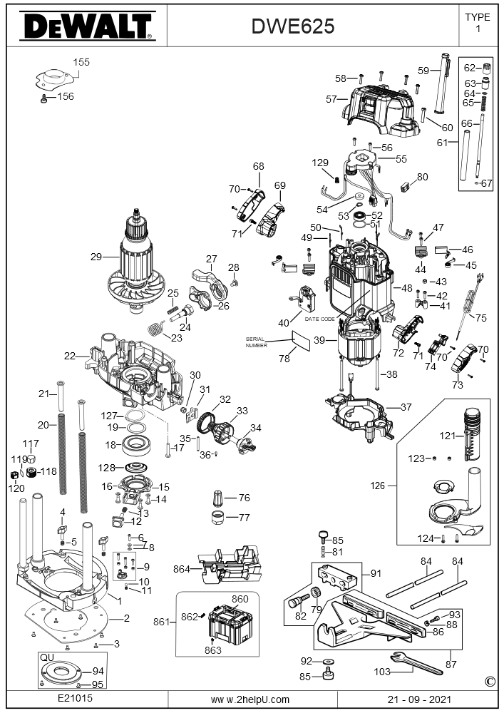Exploded Diagram I Diagram and Parts List for DWE625 Type 1 DeWALT Router