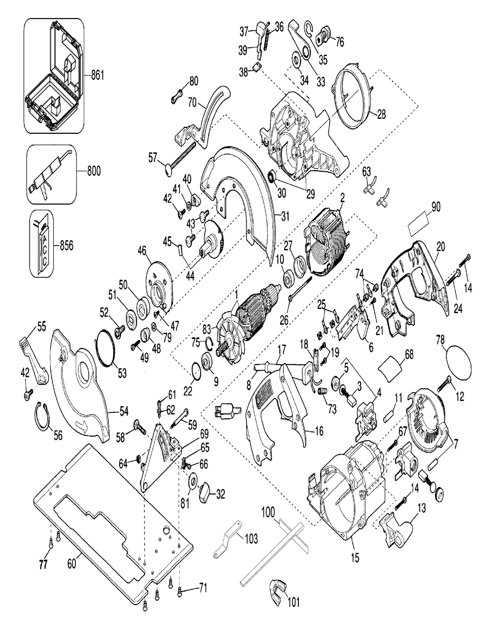 Fig-0 Diagram and Parts List for DW362K Type-1 DeWALT Saw