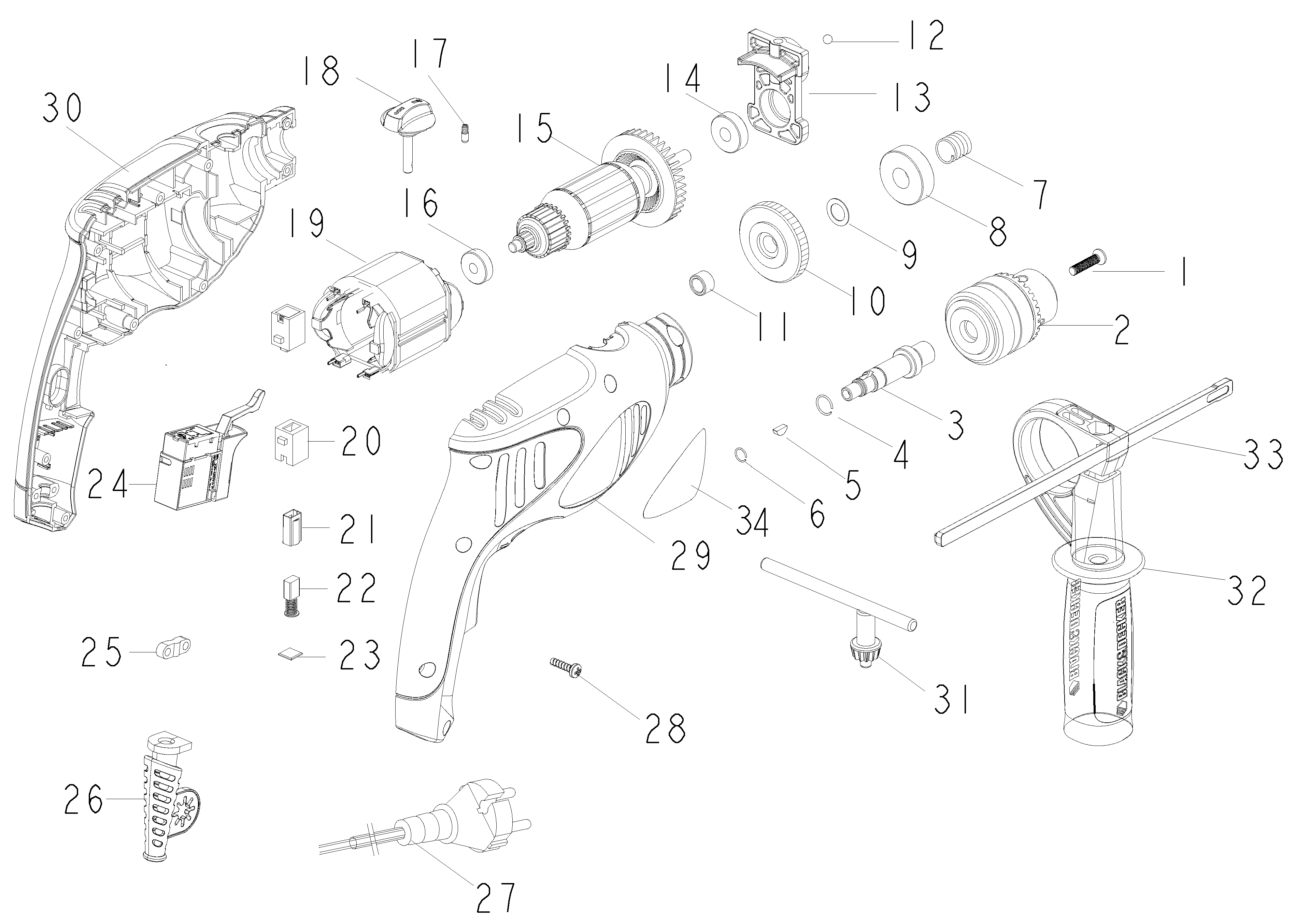 Default Diagram and Parts List for HD550T-B2C Type 1 DeWALT Hammer Drill