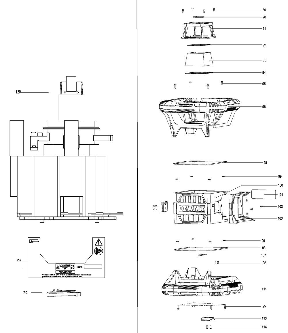 Exploded Diagram B Diagram and Parts List for DW080LGS Type 1 DeWALT Laser Level