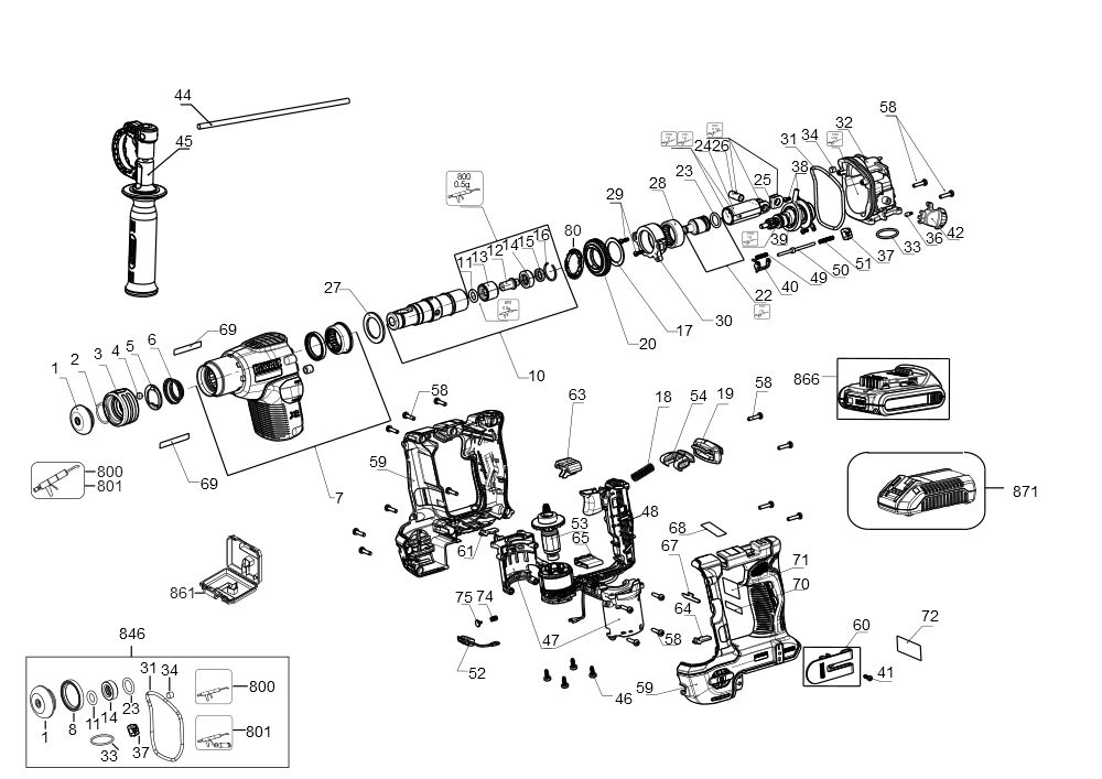Exploded Diagram A Diagram and Parts List for DCH172E2 Type 1 DeWALT Hammer Drill