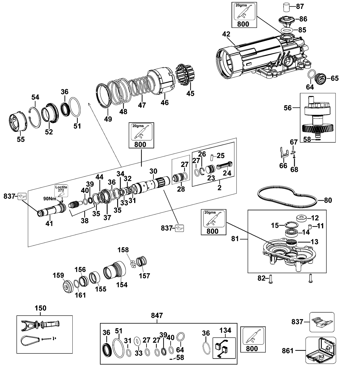 Gear Box Assembly Diagram and Parts List for D25811K-AR Type 1 DeWALT Hammer Drill