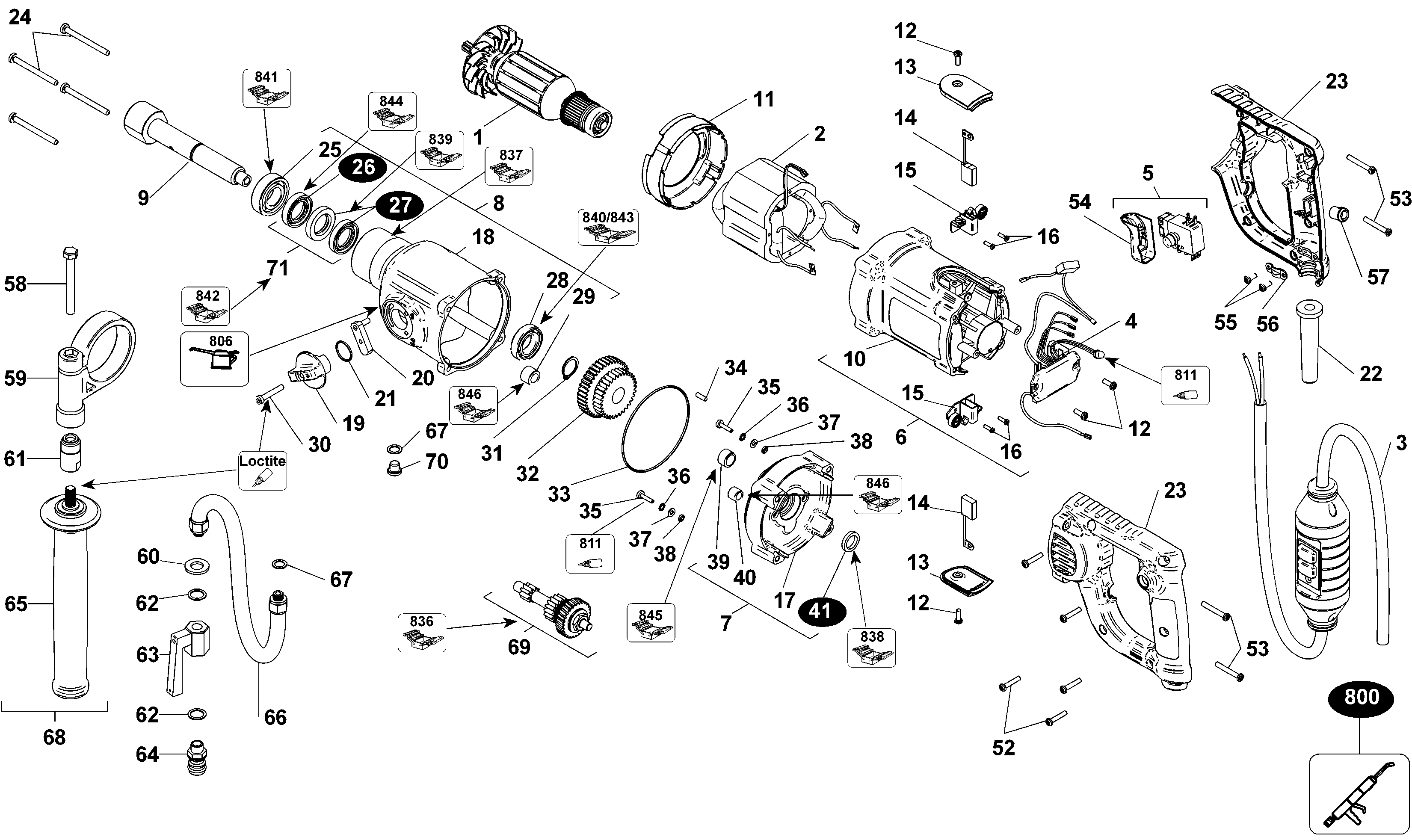 Default Diagram and Parts List for D21582K-QS Type 1 DeWALT Boring Machine