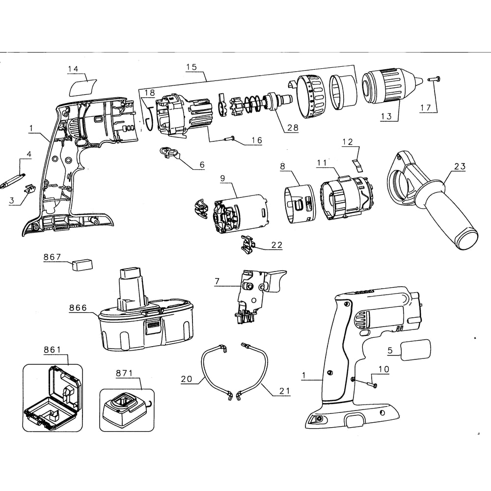 Drill Diagram and Parts List for DC989KATY1  DeWALT Drill