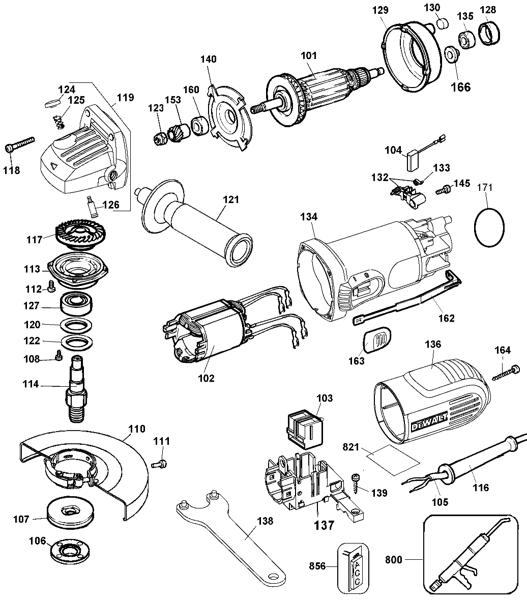 Default Diagram and Parts List for DW818-BR Type 5 DeWALT Grinder