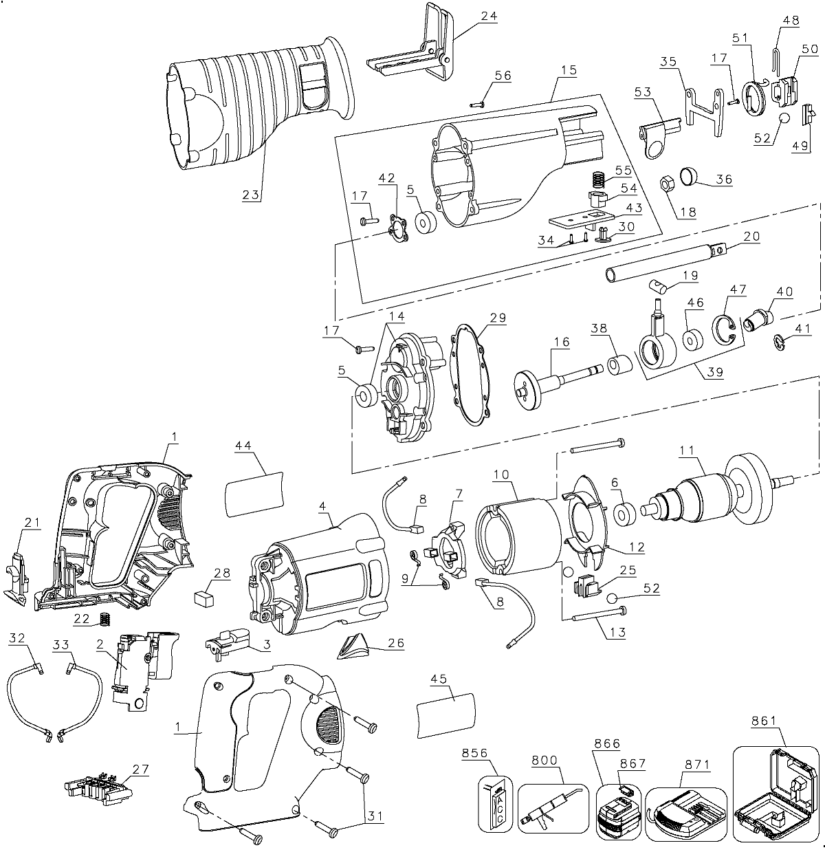 Default Diagram and Parts List for DW008K Type 1 DeWALT Reciprocating Saw