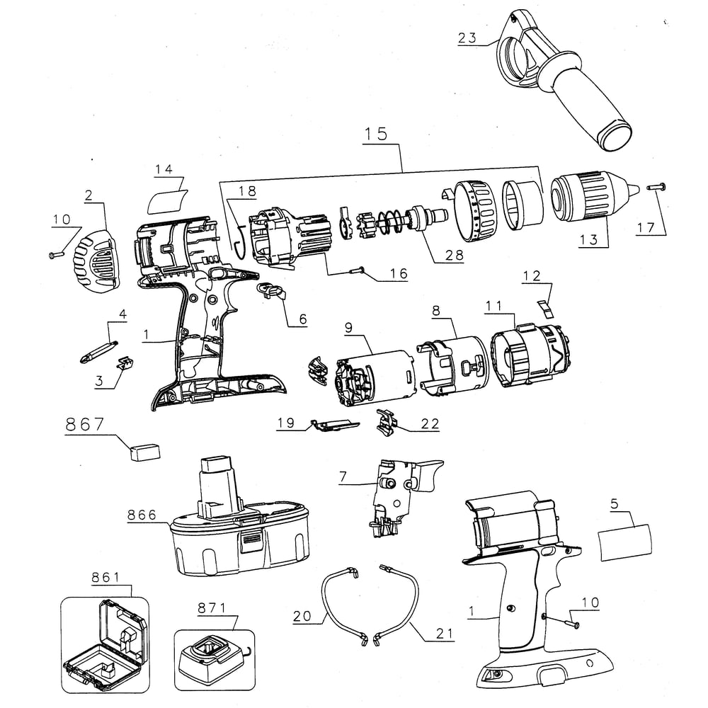 Drill Assy Diagram and Parts List for DC988KATY1  DeWALT Drill