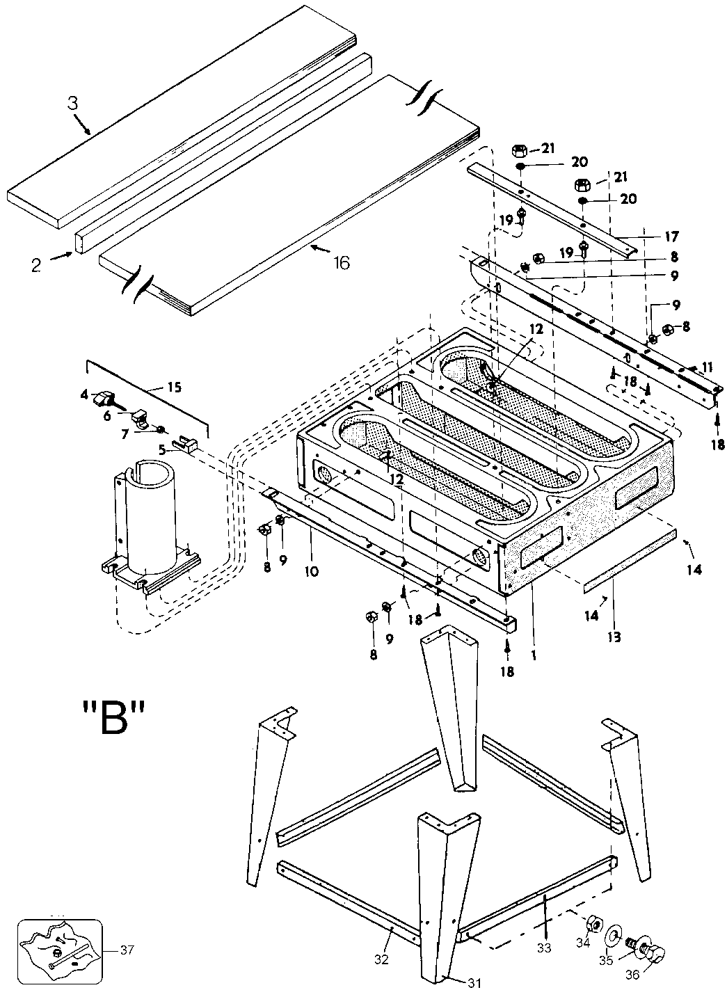 Default 2 Diagram and Parts List for B7744 Type 1 DeWALT Table Saw