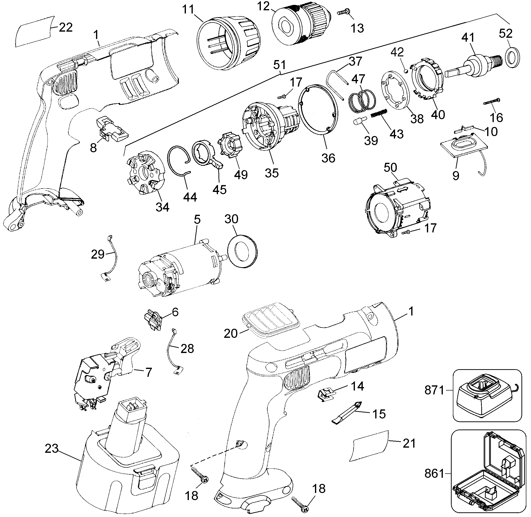 Default Diagram and Parts List for DW996K-2 Type 5 DeWALT Electric Drill