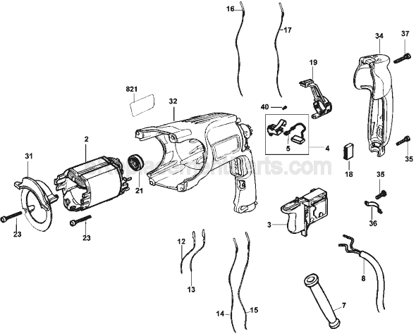 Page B Diagram and Parts List for D25103 Type 1 DeWALT Hammer Drill