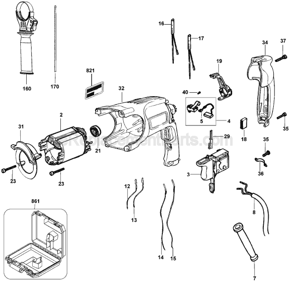 Page B Diagram and Parts List for D25113 Type 1 DeWALT Hammer Drill