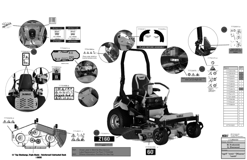 Label Map Diagram and Parts List for DXGZ160P (47AHBCA8038)(2022) DeWALT Lawn Tractor