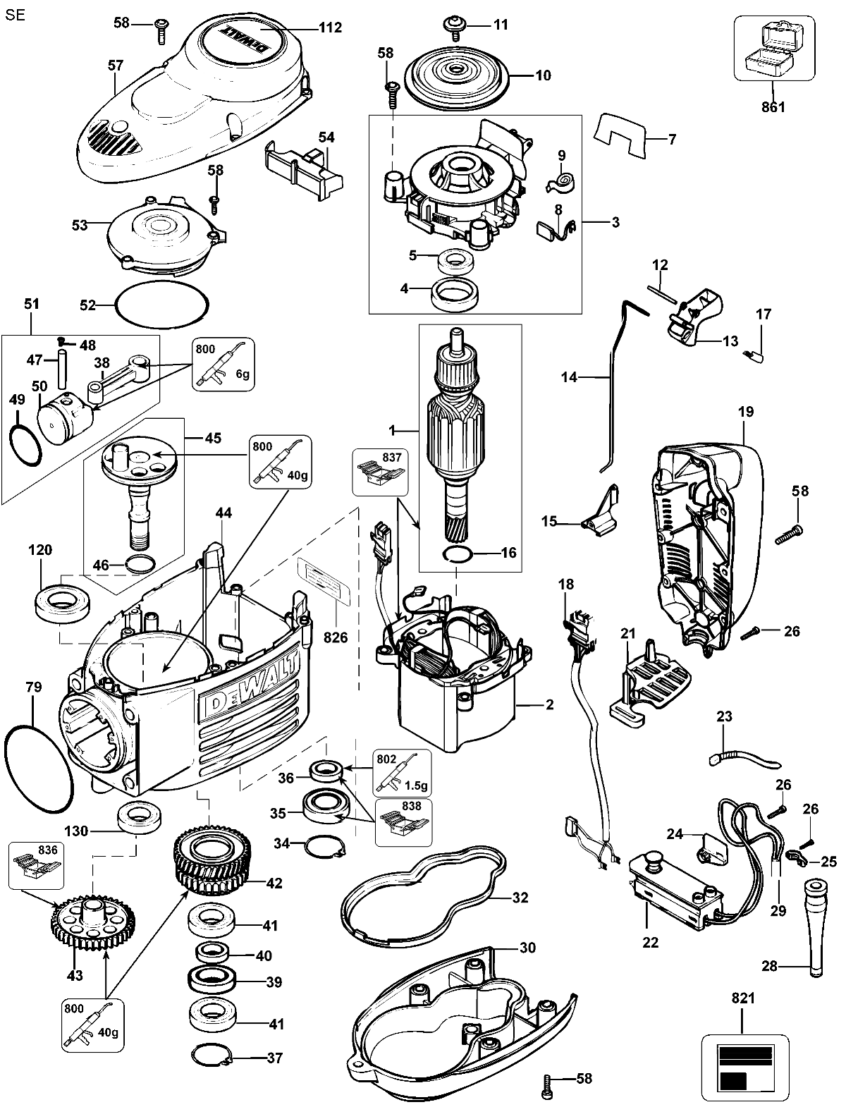 Default 2 Diagram and Parts List for D25899K-AR Type 1 DeWALT Hammer