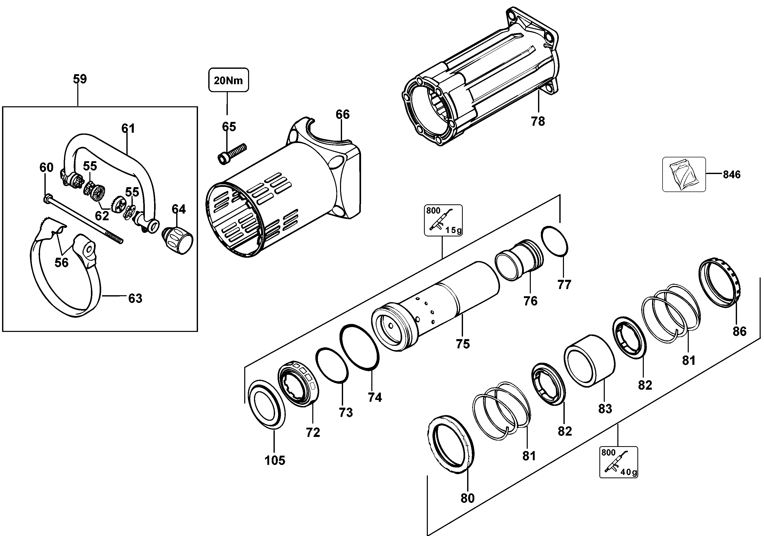 Default 2 Diagram and Parts List for D25901K-B3 Type 2 DeWALT Demolition Hammer