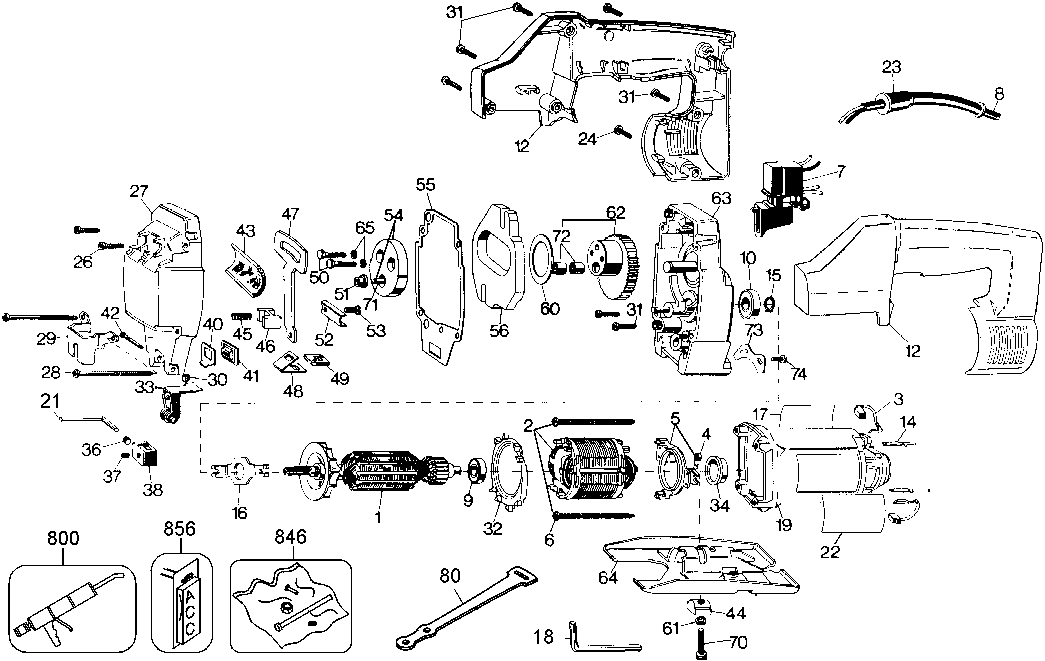 Default Diagram and Parts List for DW313-AR Type 2 DeWALT Jig Saw