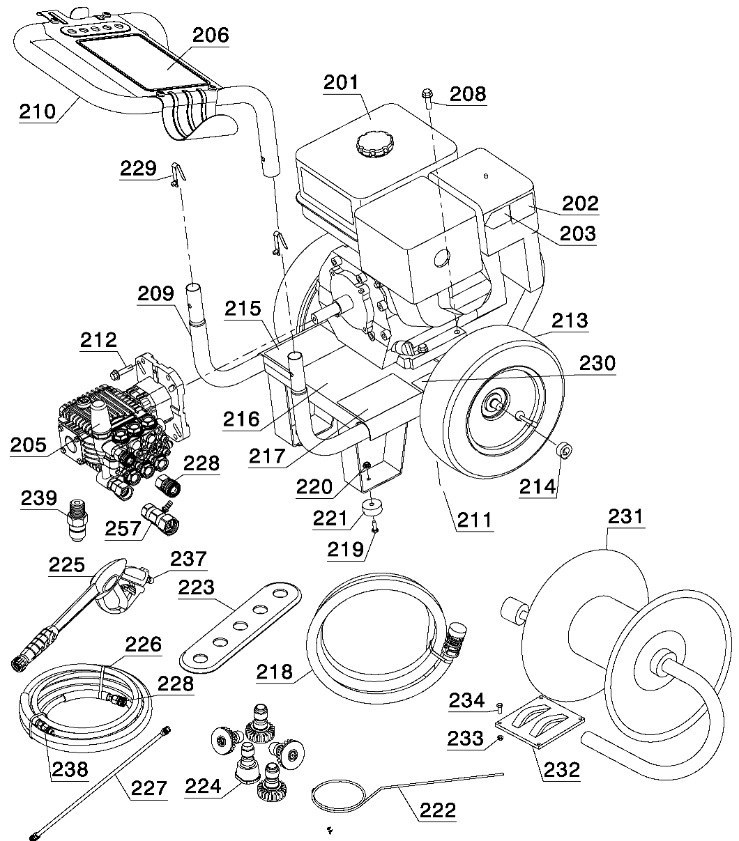 Default Diagram and Parts List for DP3400HR Type 1 DeWALT Pressure Washer