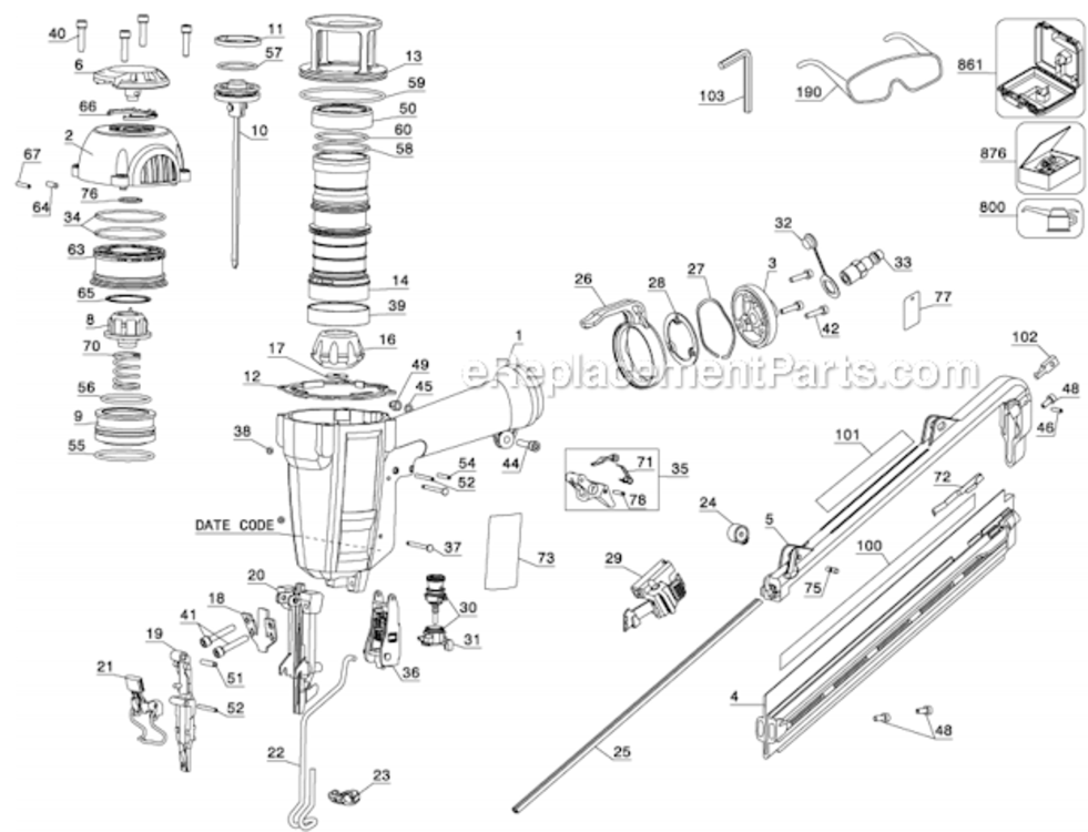 Page A Diagram and Parts List for D51276K Type 1 DeWALT Nailer