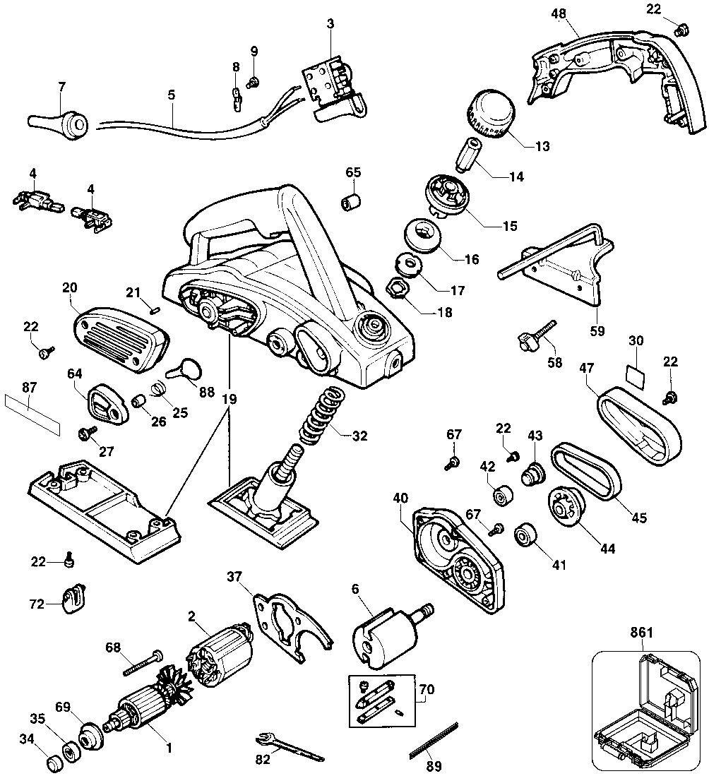 Default Diagram and Parts List for DW677K Type 1 DeWALT Planer Jointer