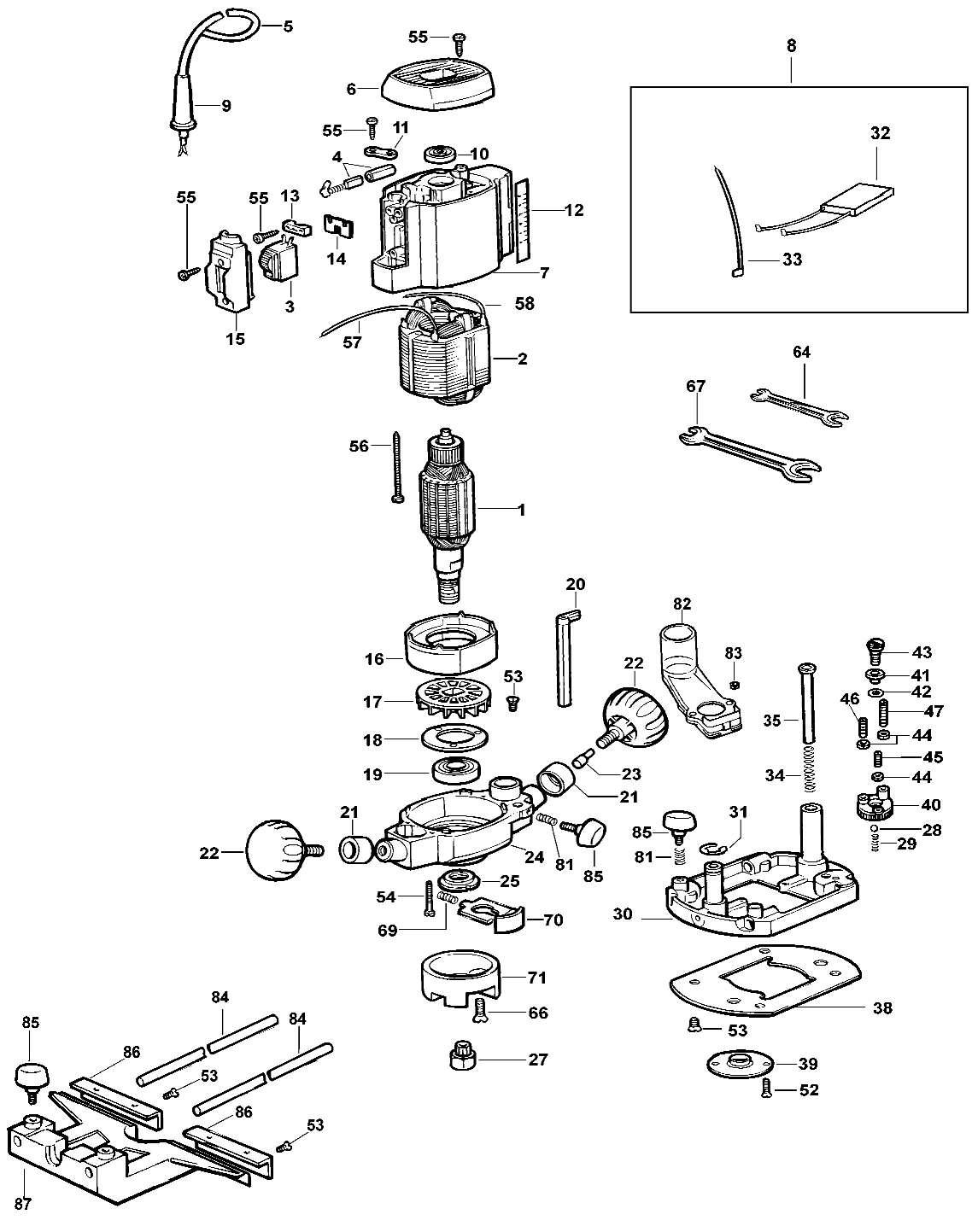 Default Diagram and Parts List for DW614-BR Type 4 DeWALT Router