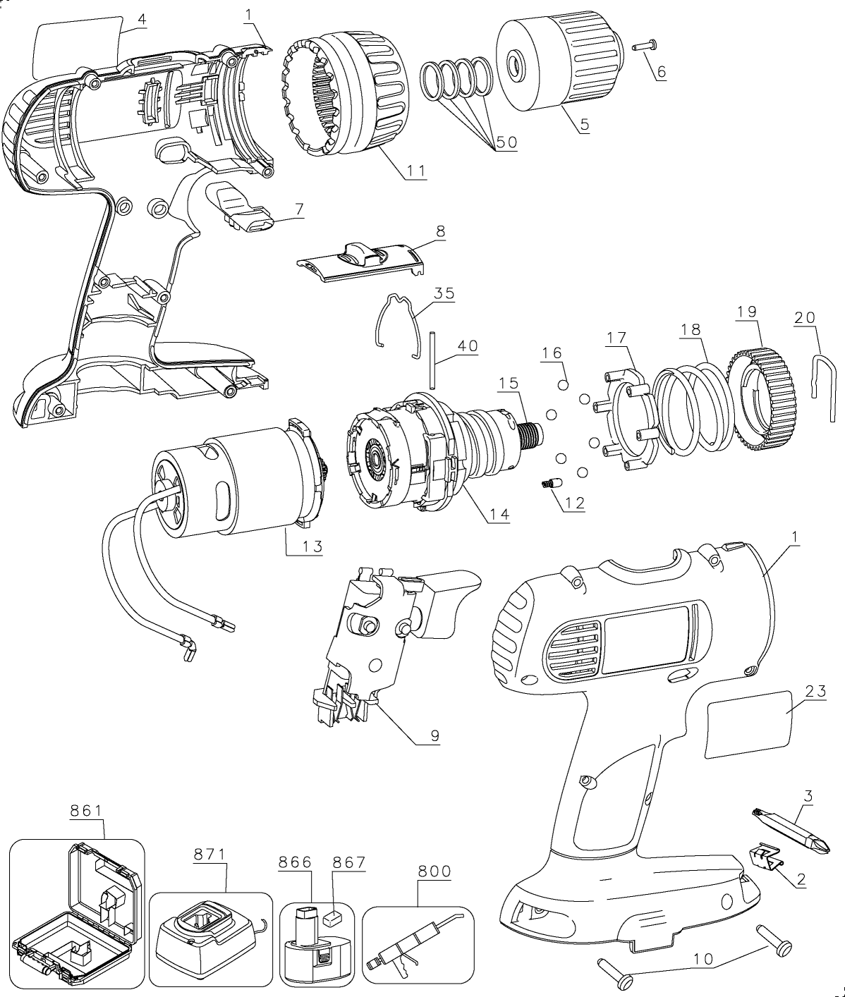 Default Diagram and Parts List for DC728KA Type 1 DeWALT Boring Machine