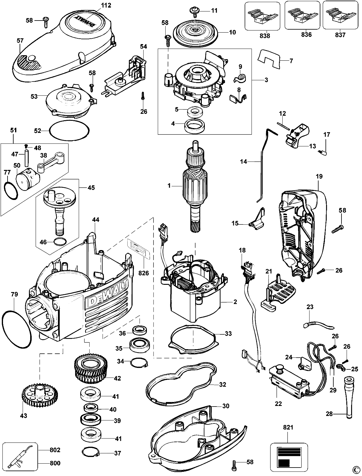 Default Diagram and Parts List for D25940KAR Type 2 DeWALT Hammer
