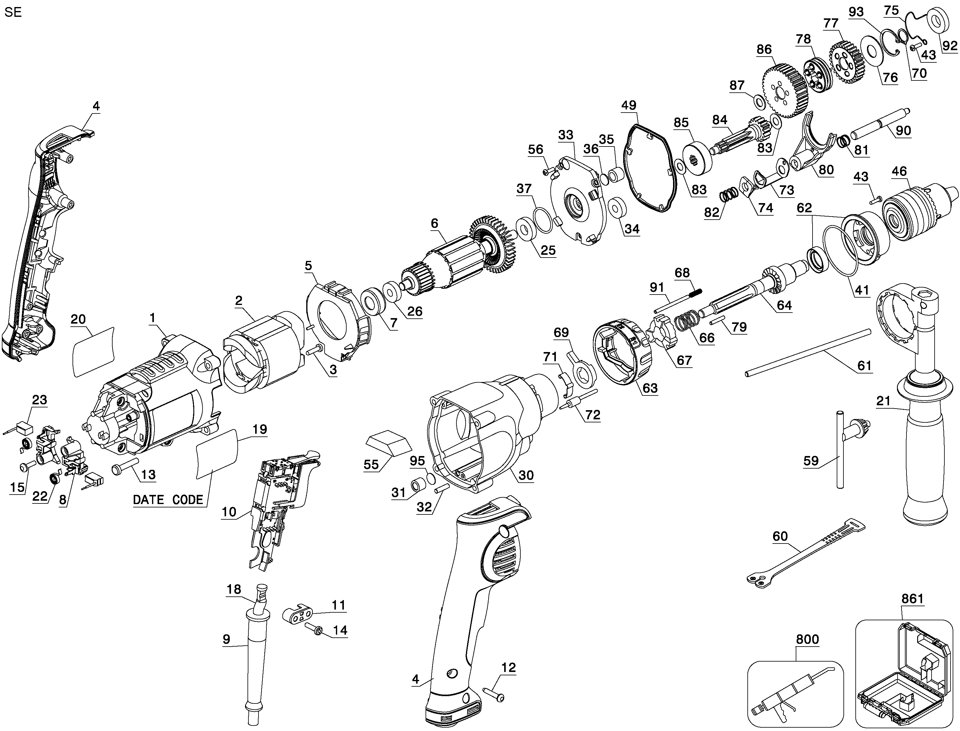 Page A Diagram and Parts List for DWD520-B2 2 DeWALT Hammer Drill
