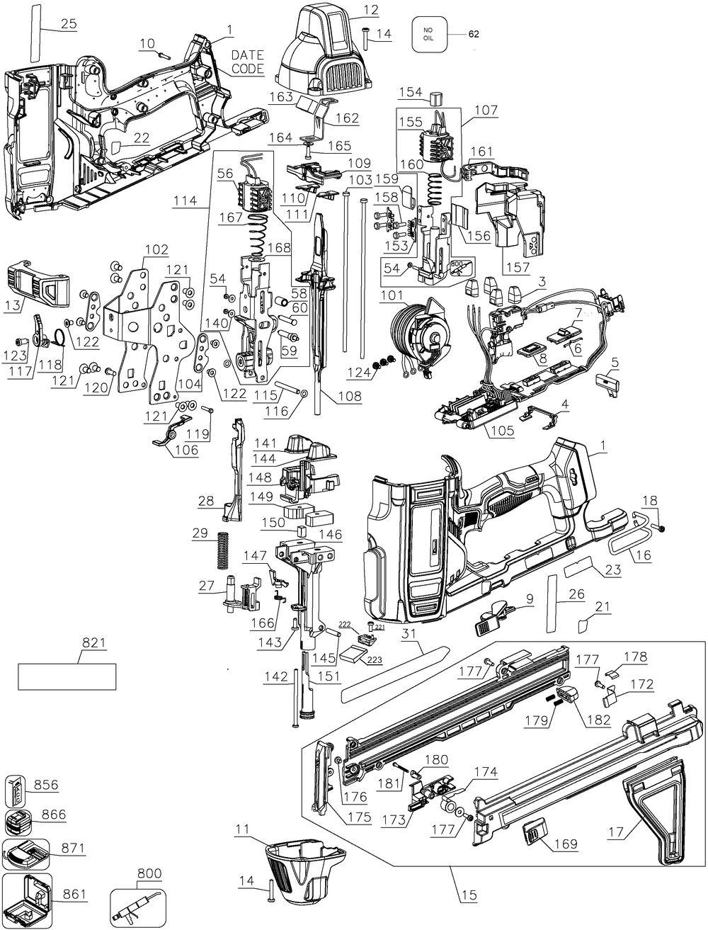 Page A Diagram and Parts List for DCN891B Type 1 DeWALT Nailer