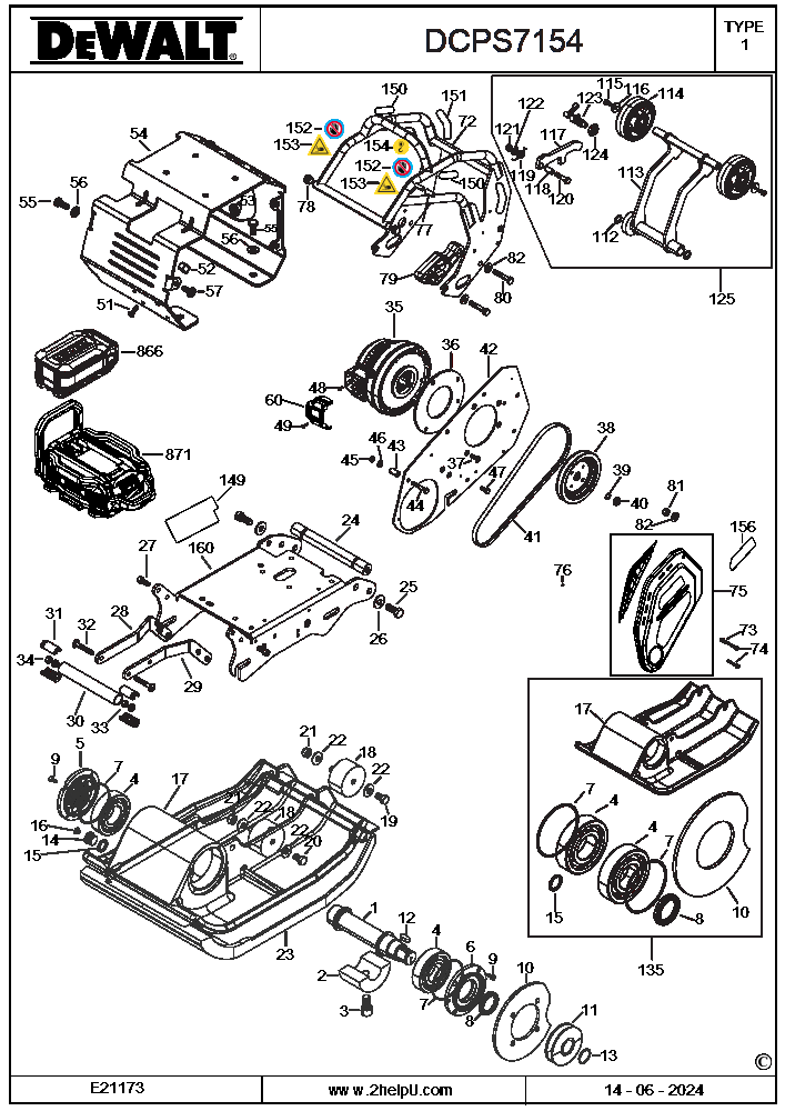Section 1 Diagram and Parts List for DCPS7154AG2 Type 1 DeWALT Lawn Tractor Accessories