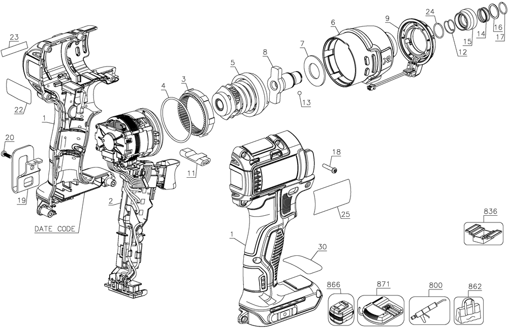 Exploded Diagram A Diagram and Parts List for DCF787B Type 10 DeWALT Impact Driver