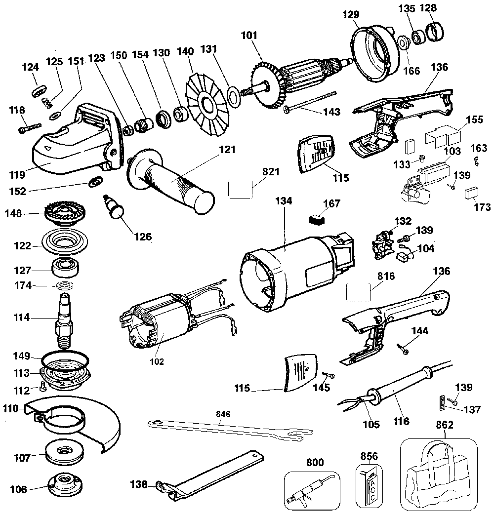 Page A Diagram and Parts List for DW840K Type 3 DeWALT Grinder